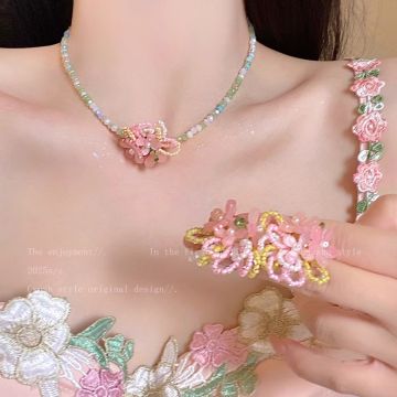 Handmade Beaded Butterfly Necklace with Crabapple Flower Charm - Spring 2026 Forest Style Collection