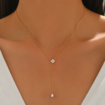 Women's Y-Design Water Drop Necklace with CZ Stones - Stainless Steel Floral Pendant Chain