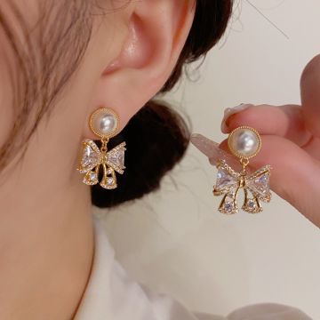 Elegant Pearl & Zircon Bow Drop Earrings - S925 Sterling Silver Hypoallergenic