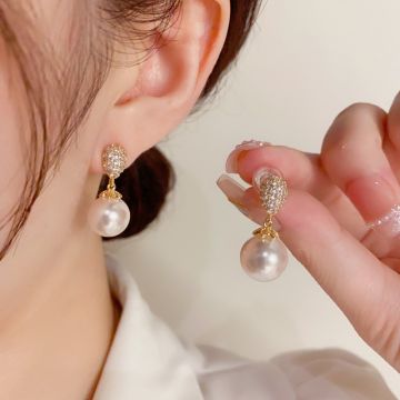 Water Drop Pearl & Cubic Zirconia Stud Earrings - S925 Sterling Silver Post, Elegant Geometric Design for Women