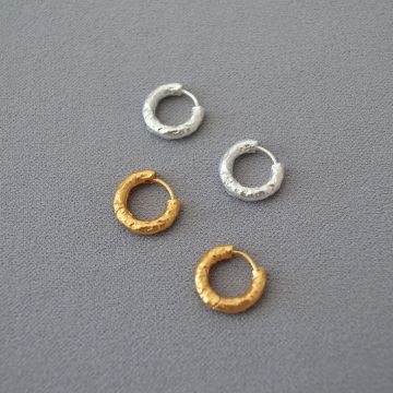 French Vintage Minimalist Hammered Brass Hoop Earrings - Textured Gold & Silver Geometric Circle Studs