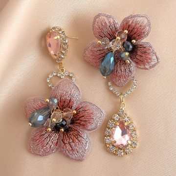 Asymmetric Vintage Fabric Flower Earrings with Crystal Accents - Elegant French Style Pink Bloom Drop Earrings