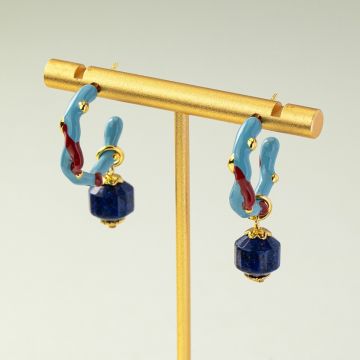 French Vintage Lapis Lazuli & Pearl Drop Earrings with Enamel Details - Light Luxury Statement Jewelry