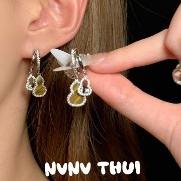 NVNV THUI Double Gourd Zircon Earrings - New Chinese Style Sterling Silver Drop Earrings with Mother-of-Pearl & Tiger's Eye