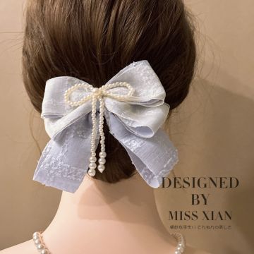 Pearl Bow Hair Clip - Elegant Korean Style Pearl Mesh Bow Spring Clip