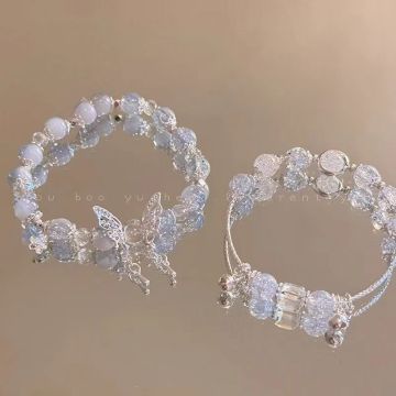 New Chinese Style Ice Crack Beaded Bracelet with Butterfly & Bell Charms - Unisex Frozen Bead Jewelry 2026