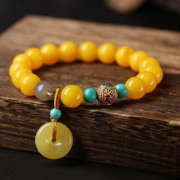 New Chinese Style Amber & Red Agate Peace Buckle Bracelet - Retro Ethnic Charm Friendship Gift