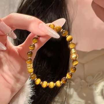 Natural Tiger's Eye Bracelet with Lucky Gourd Charm - Modern Chinese Style