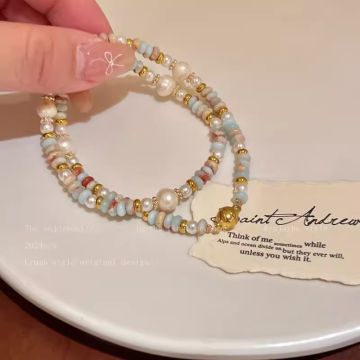 Double-Layer Shoushan Stone Beaded Freshwater Pearl Bracelet with Magnetic Clasp - Vintage-Inspired Light Luxury Stackable Jewelry for Women