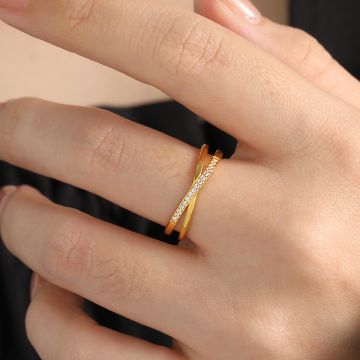 Korean-Style Intersecting X Ring with Micro-Pave Crystal Details - Titanium Steel