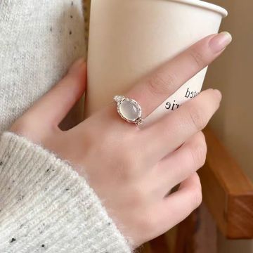 Korean-Style Lava Texture Moonstone Ring - Premium Adjustable Open Band with White Cat's Eye Stone