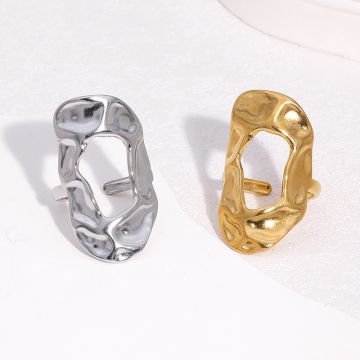 Geometric Open Adjustable Stainless Steel Ring - Minimalist Irregular Wide Band Statement Jewelry for Women