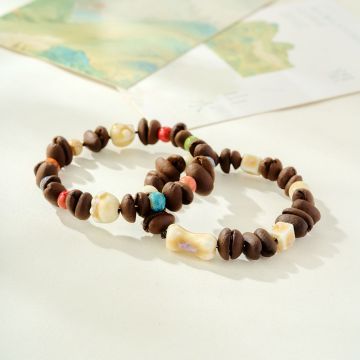 Handmade Ceramic Coffee Bean Bracelet with Cat Paw Charm - Unique Elastic Bangle for Women