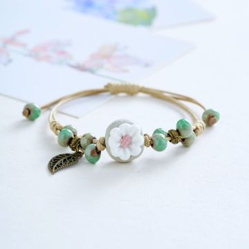 Handwoven Ceramic Daisy Charm Bracelet - Vintage Artisan Jewelry from Jingdezhen