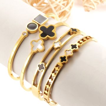 Women's Stainless Steel Open Bangle Bracelet - Lucky Clover Leaf Design, Korean Style Gold/Rose Gold Jewelry