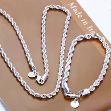 4mm Silver Twisted Rope Chain Necklace & Bracelet Set - Unisex Fashion Jewelry