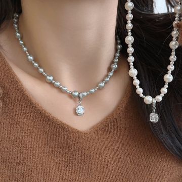 Geometric Bubble Cube Pearl Necklace - Elegant Silver Gray Clavicle Chain with Detachable Pendant