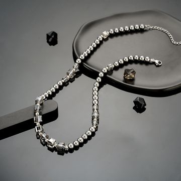 Black Obsidian Beaded Necklace with Geometric Crystal Accents - Unisex Titanium Steel Chain