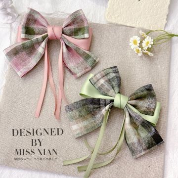 Vintage Plaid Bow Hair Clips - Korean Style Handmade Fabric Spring Barrettes
