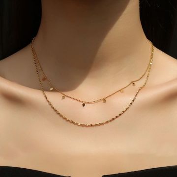 Double-Layer Rhinestone Titanium Steel Necklace - 18K Gold Plated Geometric Diamond Chain