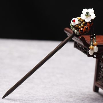 Vintage Floral Wooden Hairpin with Tassel - Ethnic Style Chinese Hair Accessories for Hanfu & Traditional Dress