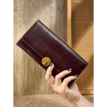 Difenise Genuine Leather Long Wallet with Turn-Lock Closure - Vintage Cowhide Bifold