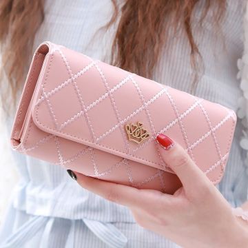 Trendy Crown Metal Long Wallet for Women - Large Capacity Phone Wallet with Diamond Quilted Design