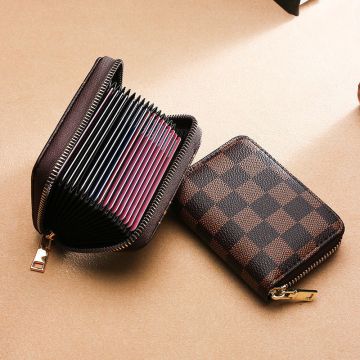 RFID Blocking Card Wallet with Coin Pocket - 11 Card Slots Checkered PU Leather
