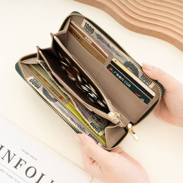 Women's Genuine Leather Long Wallet with RFID Protection - Slim Zippered Cardholder