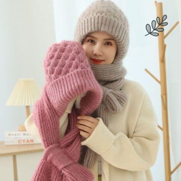 Women's 2-in-1 Knitted Beanie with Scarf - Winter Plush Hat with Neck Warmer