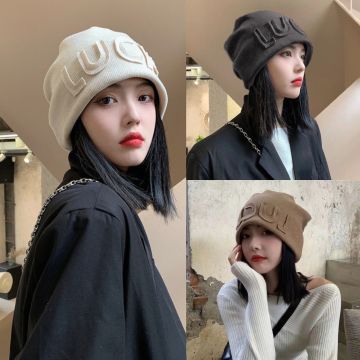 2026 Winter Letter Print Knitted Beanie - Face-Slimning Large Fit Winter Hat with Ear Coverage
