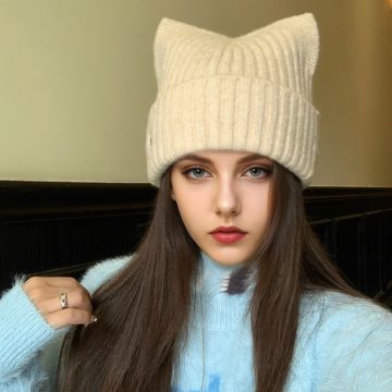 Winter Wool Blend Knit Beanie with Cute Cat Ear Design - Warm Windproof Ear Protection Hat