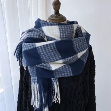 Women's Winter Faux Cashmere Plaid Scarf with Fringe - Korean Style Cozy Warmth