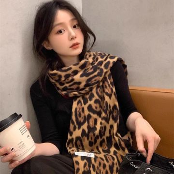 Women's Leopard Print Faux Cashmere Scarf - Premium Thick Winter Wrap (200x65cm)