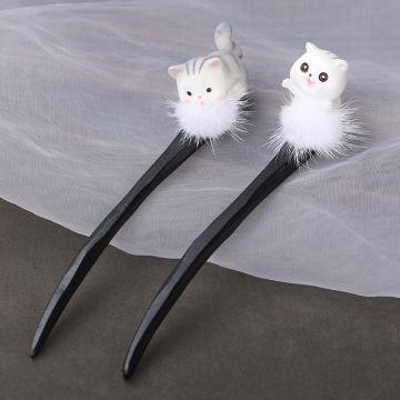 Cute Cartoon Cat Wooden Hair Pin - Chinese Style Hair Accessory with Fluffy Pom-Pom