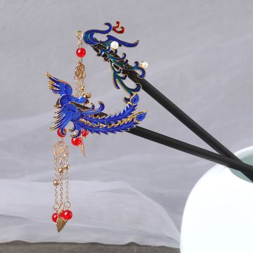 Cloisonné Phoenix Hairpin with Tassels - Traditional Chinese Style Wooden Hair Accessory for Hanfu and Cheongsam