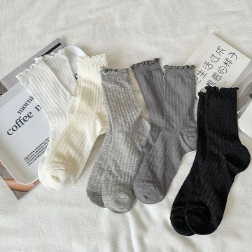 Women's Cotton Ruffle Trim Mid-Calf Socks - Breathable Mesh Lolita Style with Bow & Polka Dot Options