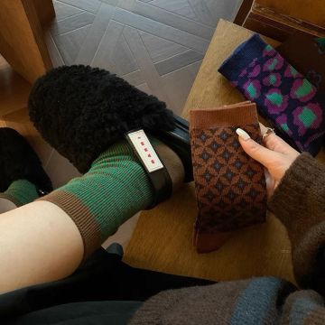 Retro Houndstooth Pattern Cotton Crew Socks - Japanese Style Geometric Design