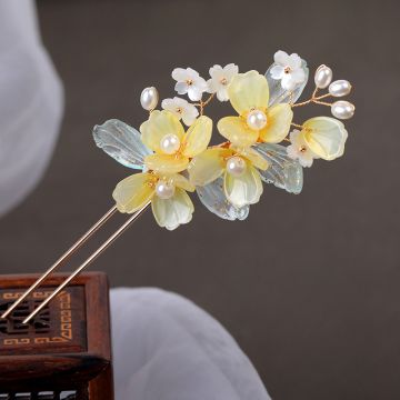 Traditional Chinese Floral Hair Pin - Light Yellow Glazed Flower Hanfu Accessory