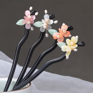 Chinese Traditional Wooden Hair Pin - Handcrafted Floral Design Hair Stick for Hanfu & Qipado