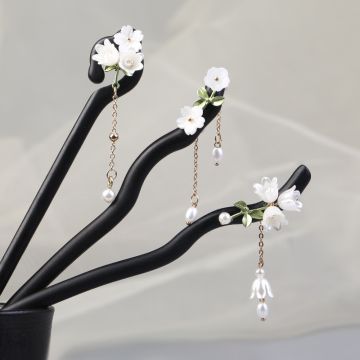 Lily of the Valley Ebony Wood Hair Pin - Vintage Chinese Style Floral Hair Accessory