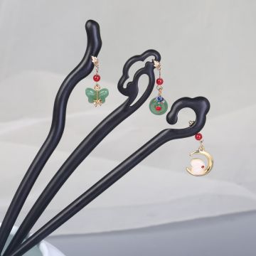 Handcrafted Moon Rabbit Hair Pin - Premium Ebony Wood Hair Stick with Traditional Chinese Style Pendant