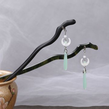 Vintage Ebony Wood Hairpin with Tassel - Traditional Chinese Moon Design for Hanfu & Qipao