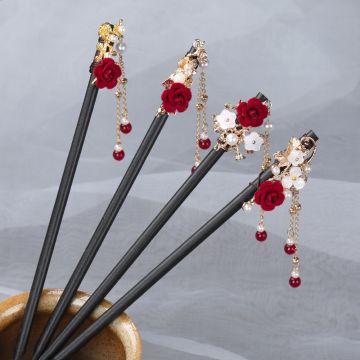 Traditional Chinese Red Rose Hair Pin - Elegant Wooden Hairpin for Hanfu, Qipao and Tea Ceremony Dress