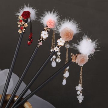 Traditional Chinese Wooden Hair Pin with Pom-Pom & Tassel - Vintage Style Hair Accessory for Hanfu & Classical Looks
