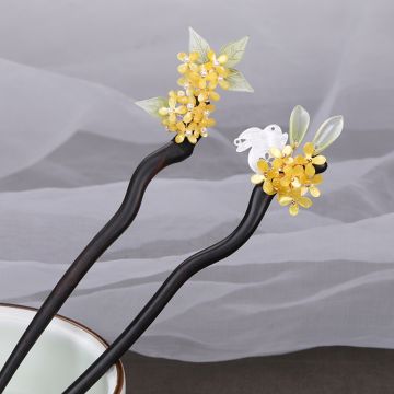 Handmade Ebony Wood Hair Pin - Chinese Style Osmanthus Rabbit Design for Hanfu & Traditional Dress