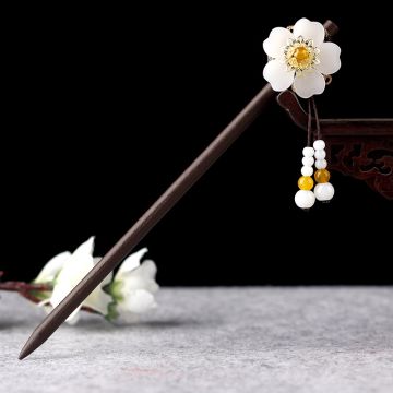 Chinese Style Wooden Hair Pin - Vintage Floral Design with Traditional Tassel, Ethnic Hair Accessory for Hanfu