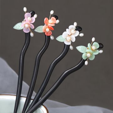 Ebony Wood Hair Pin - Traditional Chinese Style Hair Stick with Floral Design for Hanfu & Qipao