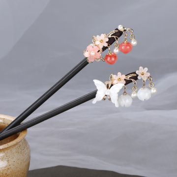 Vintage Wooden Hairpin - Butterfly & Peach Design Hair Stick for Hanfu & Qipao