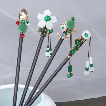 Handmade Chinese Style Wooden Hair Pin with Tassels - Traditional Floral Design for Hanfu & Ancient Costume